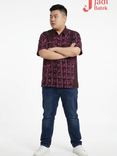 Short Sleeve Batik Shirt | Hand Drawn | 2XL Size | BM002A - Midnight Black & Deep Maroon