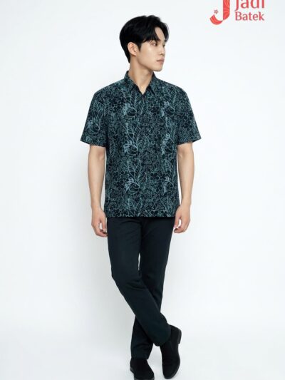 Short Sleeve Batik Shirt | Hand Block | XL Size | BM006-160 (Midnight Navy, Forest Green & Cool Grey-Blue)