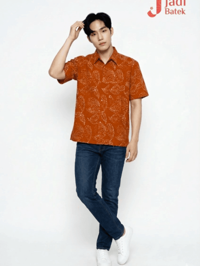 Short Sleeve Batik Shirt | Hand Block | XL Size | BM006-158 (Burnt Orange & Creamy White)