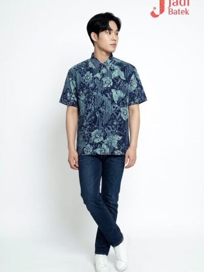 Short Sleeve Batik Shirt | Hand Block | L Size | BM006-161 (Indigo Bloom)