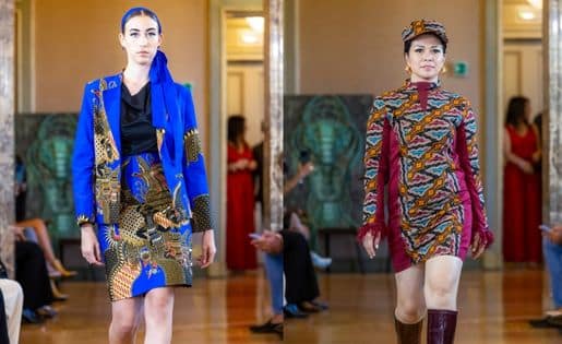 Models walking the runway in modern outfits featuring Indonesian batik fabric at Milano Fashion Official, Milan.